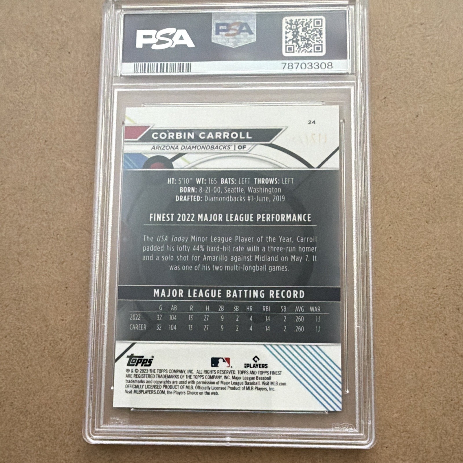 Topps Finest 2023 Corbin Carroll #24 RC Blue/Aqua Vapor 111/250 PSA 10 view 2