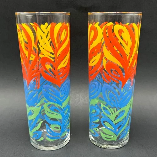 2 Vintage Federal Tall Bar Drinking Glasses 12oz Psychedelic Abstract Feathers