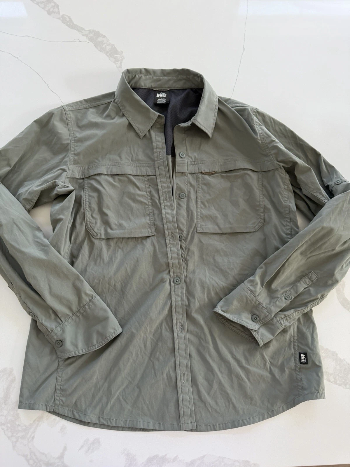 REI Co-Op Sahara Guide Shirt Mens Medium Sage Green Long Sleeve Hiking UPF 50