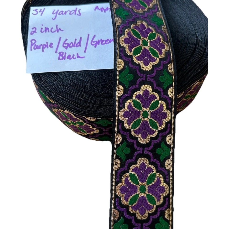 34码金属提花编织花卉边带2英寸W紫色黑色金色 — 第 2/4 张图片
