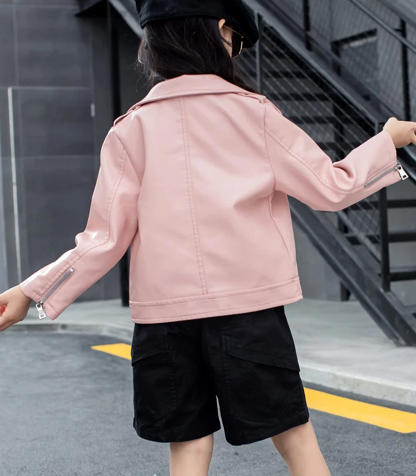 Chaqueta de motociclista de cuero sintético para niños niñas abrigo primavera otoño Foto 4 de 4