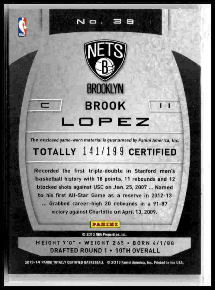 2013-14 Panini Totally Certified #39 Brook Lopez Materials Red #/199 - Image 2 of 2