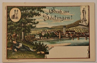 Gruß aus Säckingen Lithographie c1900 Rhein View St Fridolin Vintage Postcard