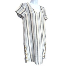 Madewell Linen Side-Button Easy Dress Womens Size XS Blue Spring Sailor Stripe