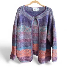 El Jorongo 100% Wool Hand Loomed Open Cardigan Sweater Purple Multi Knit