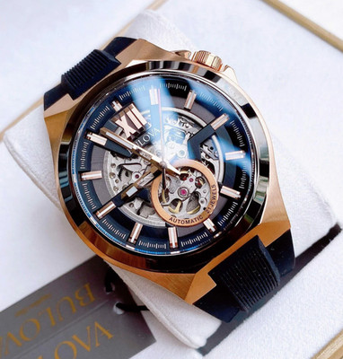 Bulova Maquina Automatic 98A177 Sapphire Rose Gold Black Dial Silicone Watch