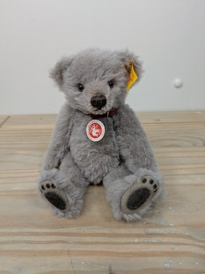 Steiff Miniatur Teddybär grau Mohair 027727 Leder Stoffhalsband Handarbeit