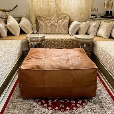 Leather Pouf Ottoman Moroccan Genuine Footstool Pouffe Morrocan Handmade Brown