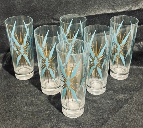 Vintage Federal Glass Co. Inca Atomic Starburst Tumblers MCM Turquoise 22K Gold