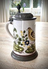 Antiker Fayence Walzenkrug Schrezheim um 1780 original Zinnmontierung Vogelmotiv