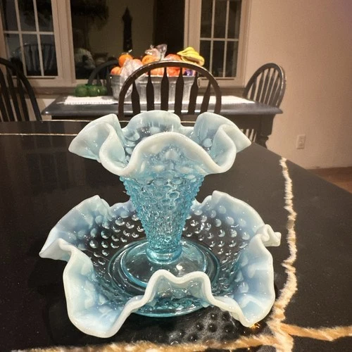 Fenton Art Glass Blue Opalescent Hobnail Petite Epergne Single Ruffled Vase
