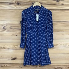 J Crew Dress 00 Becklow Dot Blue White Polka Dot LS Button Up Cupro BP835 NWT B2