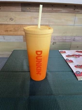 DUNKIN Donuts  24oz Rainbow Acrylic Travel Cup Tumbler & Straw - Ombre Orange