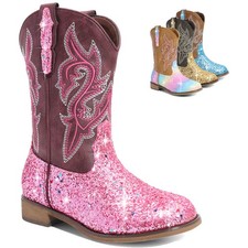 Girls Mid Calf Boots Kids Cowboy Boots Western Boots Glitter Round Toe