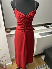 Womens Red Solid V-Neck Ruched Spaghetti Strap Lace-Up Back Slit Midi Dress