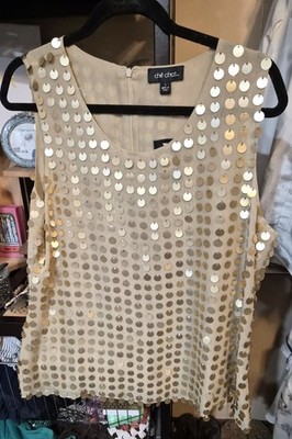 chit chat Women's Size L Chiffon Sequin Scoop Neck Zip Back Tank TopI
