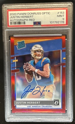 2020 Panini Donruss Optic Justin Herbert Rated Rookie Auto Red RC #/50 PSA 9
