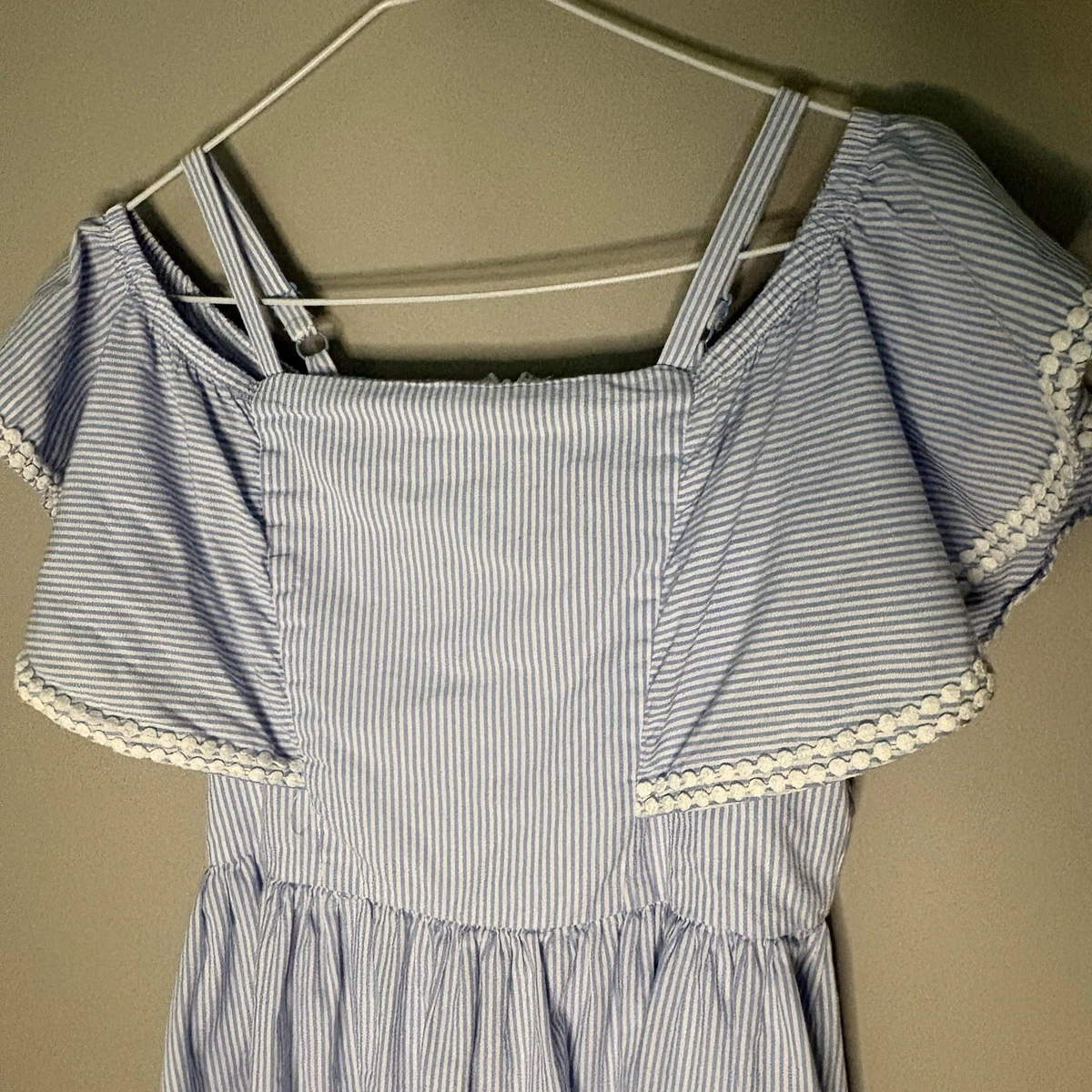 BGBG Girls Off-Shoulder Summer Dress Size 16 Blue White Stripe Embroidered