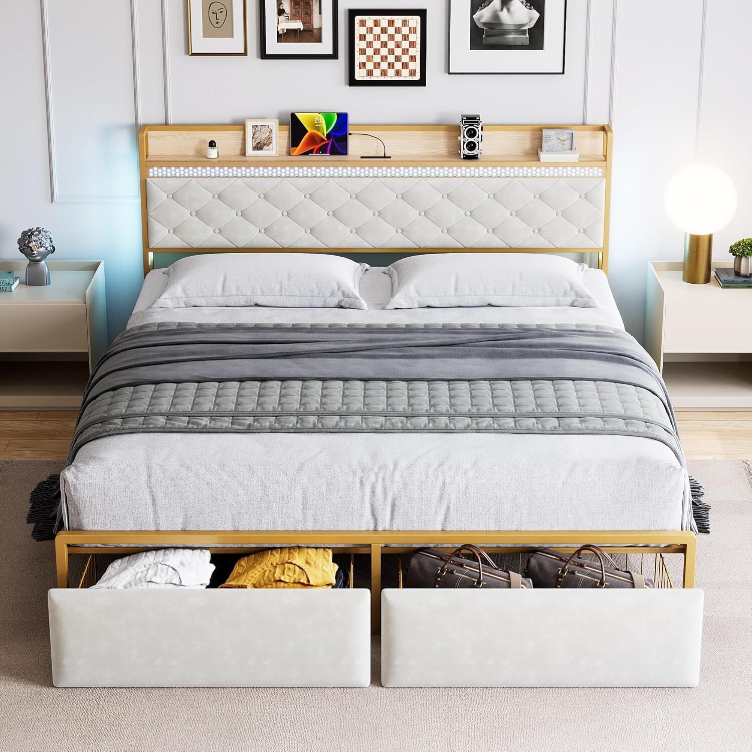 Bed Frame King/Queen/Full Size with Headboard Metal Platform Bed Frame & Drawers-image