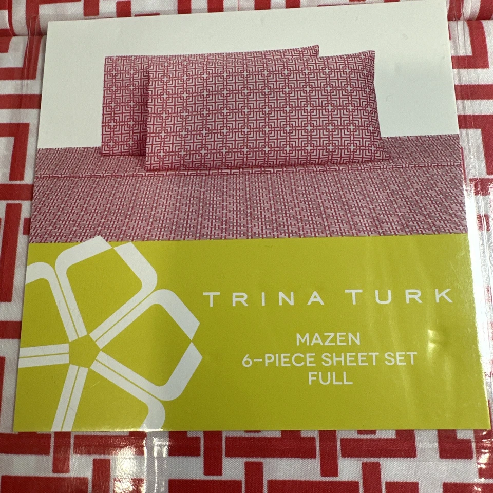Juego Completo de Sábanas Trina Turk 6 Piezas Mazen Diseño Geométrico Coral y Blanco NUEVO Foto 3 de 4