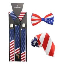 American Flag USA SUSPENDERS BOWTIE and NECK TIE SET Unisex Adjustable