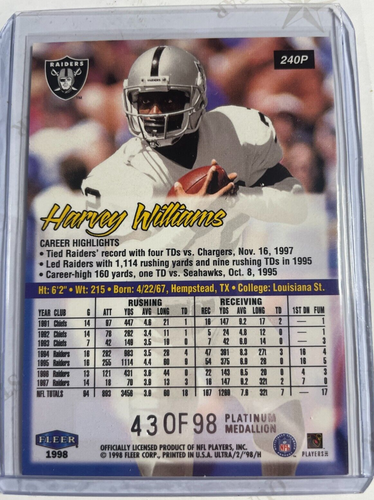 HARVEY WILLIAMS 1998 FLEER ULTRA PLATINUM MEDALLION #43/98 -RAIDERS!! - Picture 2 of 2