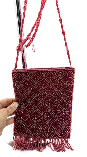 Vtg Art Deco Maroon Bead Evening Purse/Bag Flapper Style Beaded Fringe 7x5.5” - Picture 6 of 11