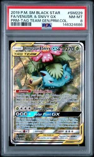 2019 POKEMON SM BLACK STAR PROMO #SM229 FULL ART/VENUSAUR & SNIVY GX PSA 8