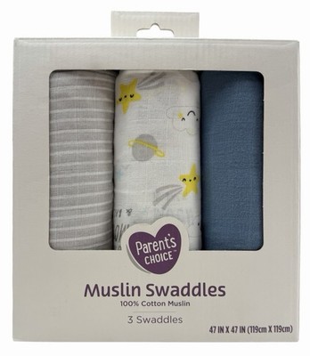 Parent's Choice 3 Pack Blue, Gray, White Muslin Swaddle blankets Unisex 47x47