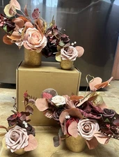 Ling's Moment Burgundy & Dusty Rose Artificial Flowers w/Vase Wedding Decor 4pcs