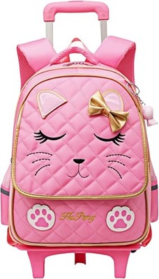 Cute Rolling Backpack for Girls with Wheels Cat Face School Trolley Bag Pink