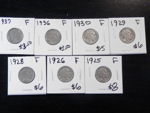 7 Circulated F Buffalo Nickels 1925,1926,1928,1929,1930,1936,1937