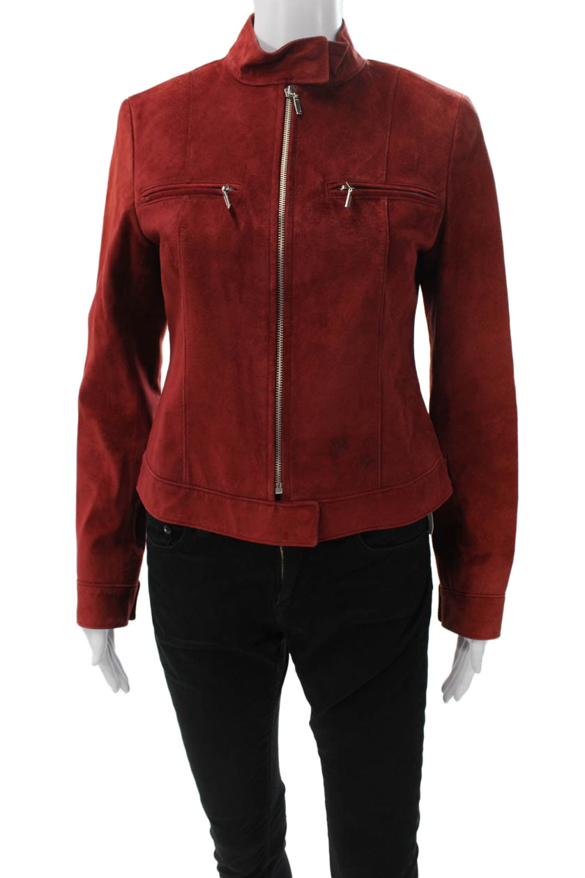 Lafayette 148 New York Womens Basic Leather Jacket Red Zip Long Sleeve Size 2Free Shipping in US $100+ Orders | $6.95 Orders Below