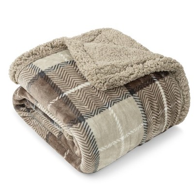 Taupe Plaid Sherpa Throw Blanket - Plus Plush Flannel Fleece Blanket - Warm C...