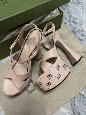 GUCCI Janaya Interlocking G Studs Perfect Pick Leather Platform Sandals 40 US 40