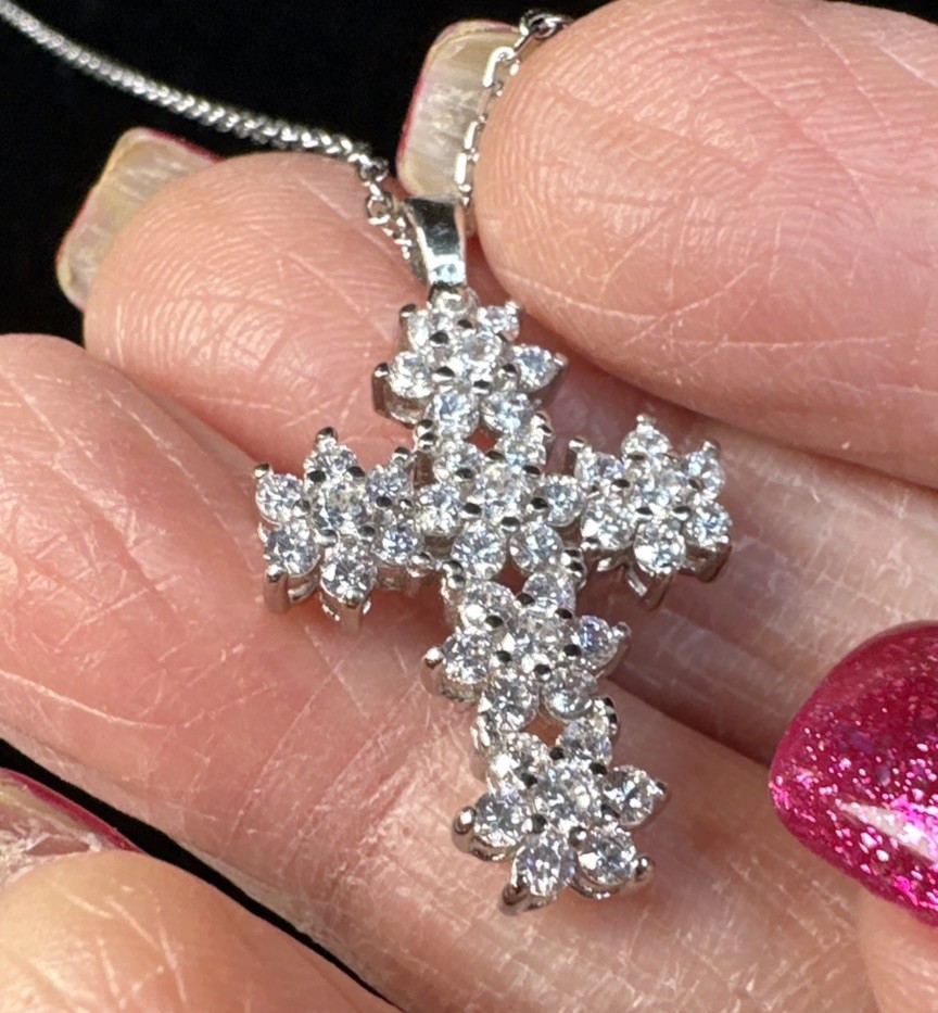 925 Sterling Silver Cross Pendant With Cubic Zirconias. 18” Chain Is Included.