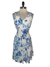 LAUREN RALPH LAUREN Size 8 A-Line Dress Blue and White Floral Sleeveless 