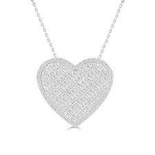 Ladies Women Pendant 0.50ct Round Natural Diamond Baguette 10k White Gold Heart