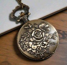 Vintage Bronze Pocket Watch Quartz with Chain Retro Steampunk Pendant Necklace