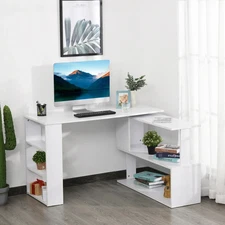 Computer Desk with 2 Tier S-shaped Shelf and 3-tier Side Bookcase