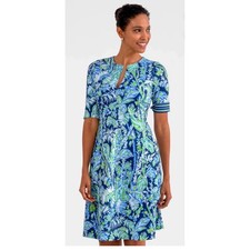 Gretchen Scott XS Floral A-Line Dress Blue Green Twirly Whirly Short Sleeve