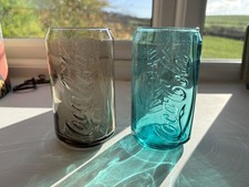Coca Cola Slim Can Shaped Glasses Turquoise Blue & Amber Yellow