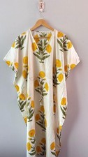 Indian Cotton Yellow Floral Print Kaftan Dress Women's Clothing Kaftan Dress US