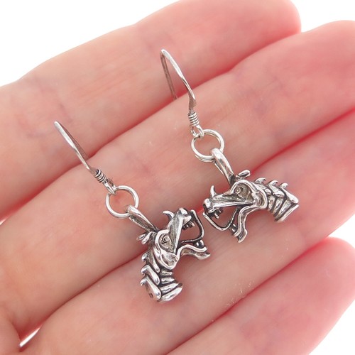 925 Sterling Silver Vintage Dragon Oxidized Dangle Earrings