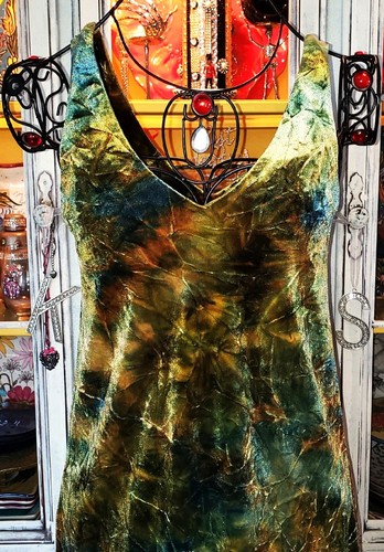 Vintage Betsey Johnson 90s Green Blue Tie Dye Crushed Velvet Short Slip Dress M - Picture 4 of 15