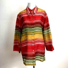 Alfred Dunner Womens Button Front Shirt Red Yellow Stripe Long Sleeve Slit 16