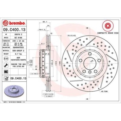 2x Bremsscheibe BREMBO 09.C400.13 passend für BMW