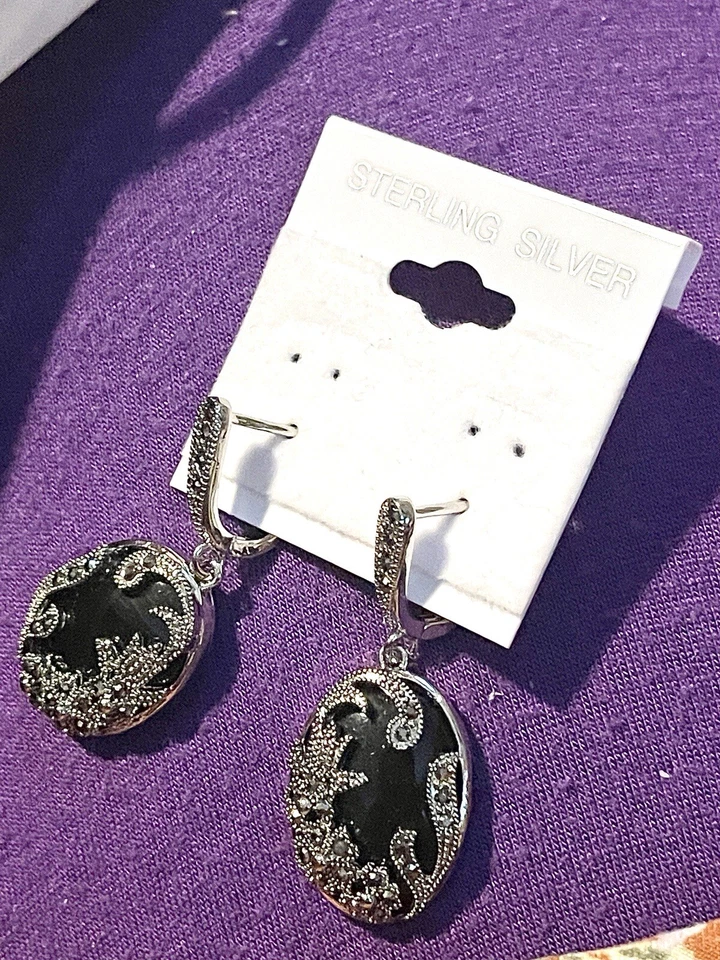 Sterling silver epoxy resin marcasite dangle earrings  - Image 3 of 3
