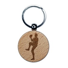 Baseball Player Pitcher Winding Up Engraved Wood Round Keychain Tag Charm