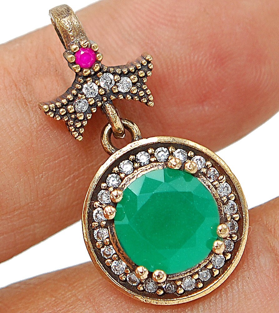Ottoman Style 4CT Treated Emerald Sterling Silver Pendant TC5